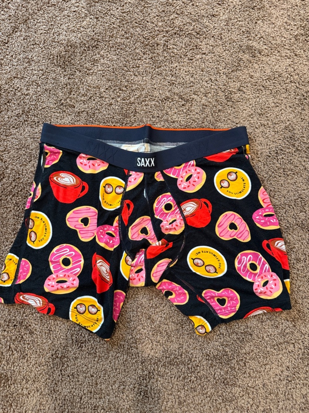 Saxx Men's Vibe Xtra 5” Black Boxer Briefs with Pink Donut & Yellow Coffee Print